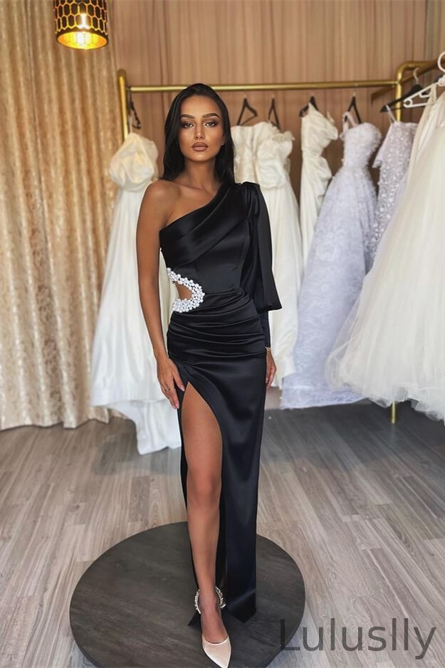Luluslly Black Long Sleeve One Shoulder Prom Dress mermaid Split With Pearls