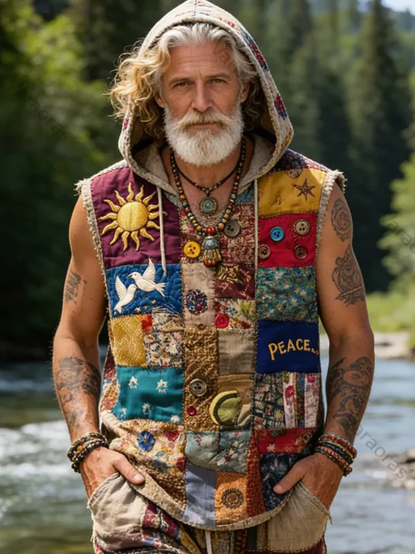 Men's Retro Hippie Patchwork Sun Peace Print Hooded Tank Top bc2e