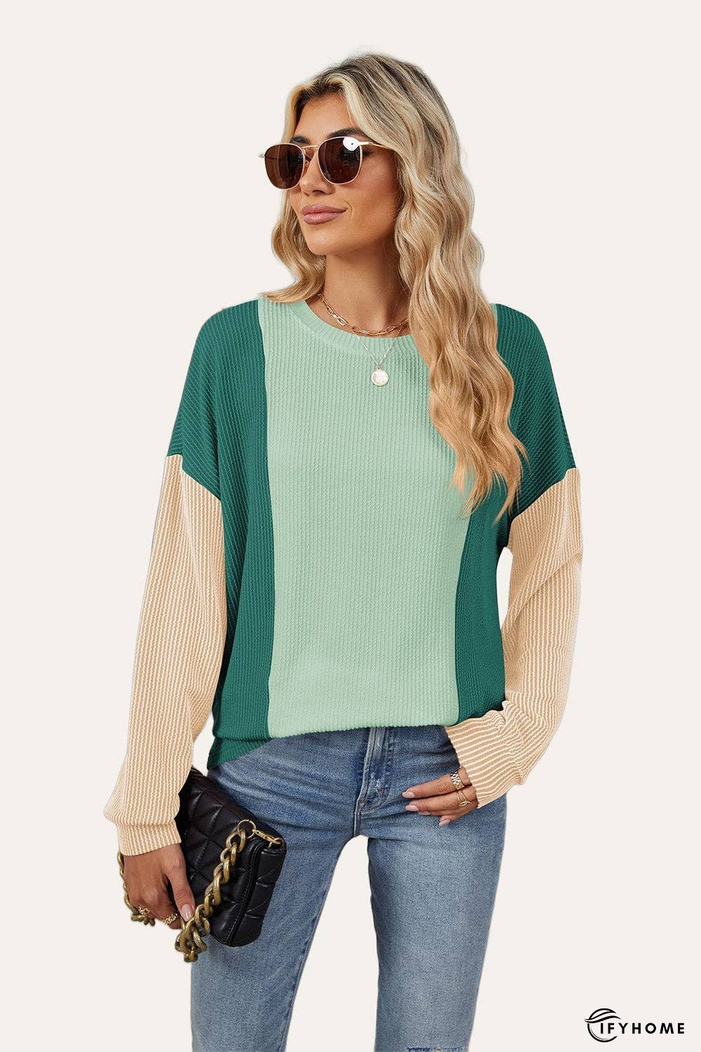 Double Take Texture Contrast Round Neck Long Sleeve T-Shirt | IFYHOME