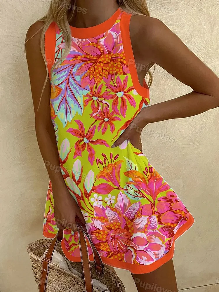 Pupiloves Pupiloves Retro Orange Pink Flower Women's Art Mini Dress