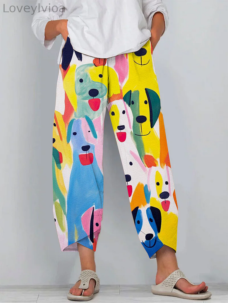 Cute and Funny Cartoon Puppy Print Cropped Pants