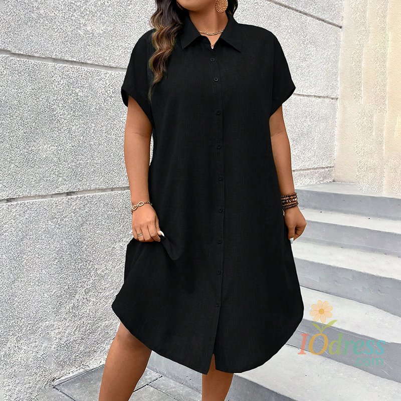 IO Dress Summer Casual Women's Shirt Dress Classic Solid Color Party Shirt Dress Temperament Short Sleeve Women's Knee-Length Dress IO Dress