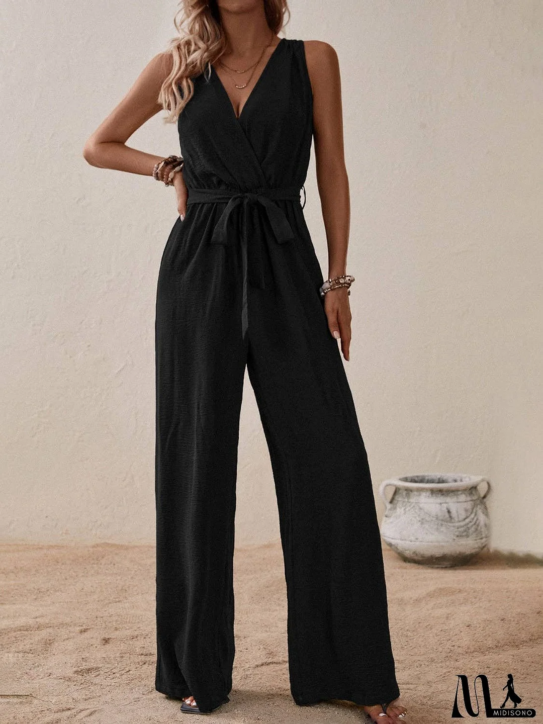 Tied Surplice Sleeveless Wide Leg Jumpsuit