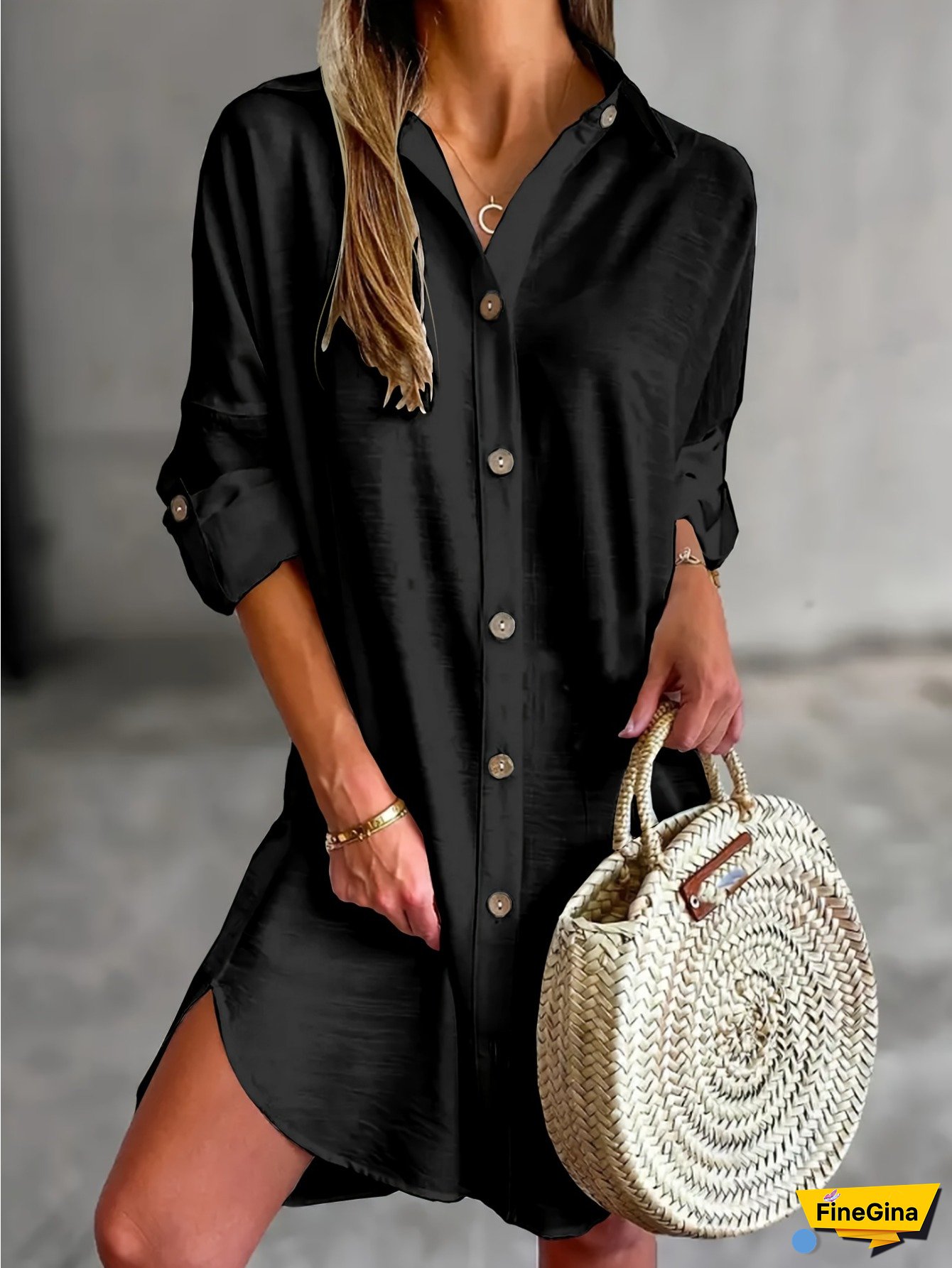 Women's Casual Long Sleeve Button-Front Shirt Dress - Solid Black Classic Collar Button-Up Front, Non-Stretch Machine Washable All-Season Versatile Wear