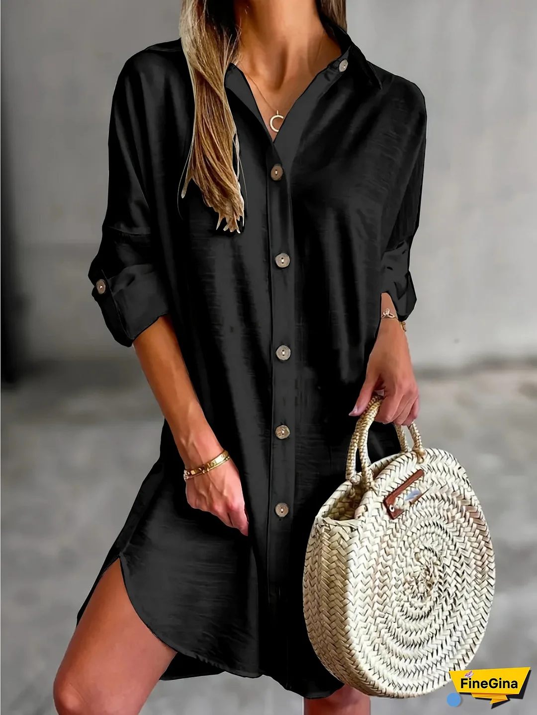 Women's Casual Long Sleeve Button-Front Shirt Dress - Solid Black Classic Collar Button-Up Front, Non-Stretch Machine Washable All-Season Versatile Wear