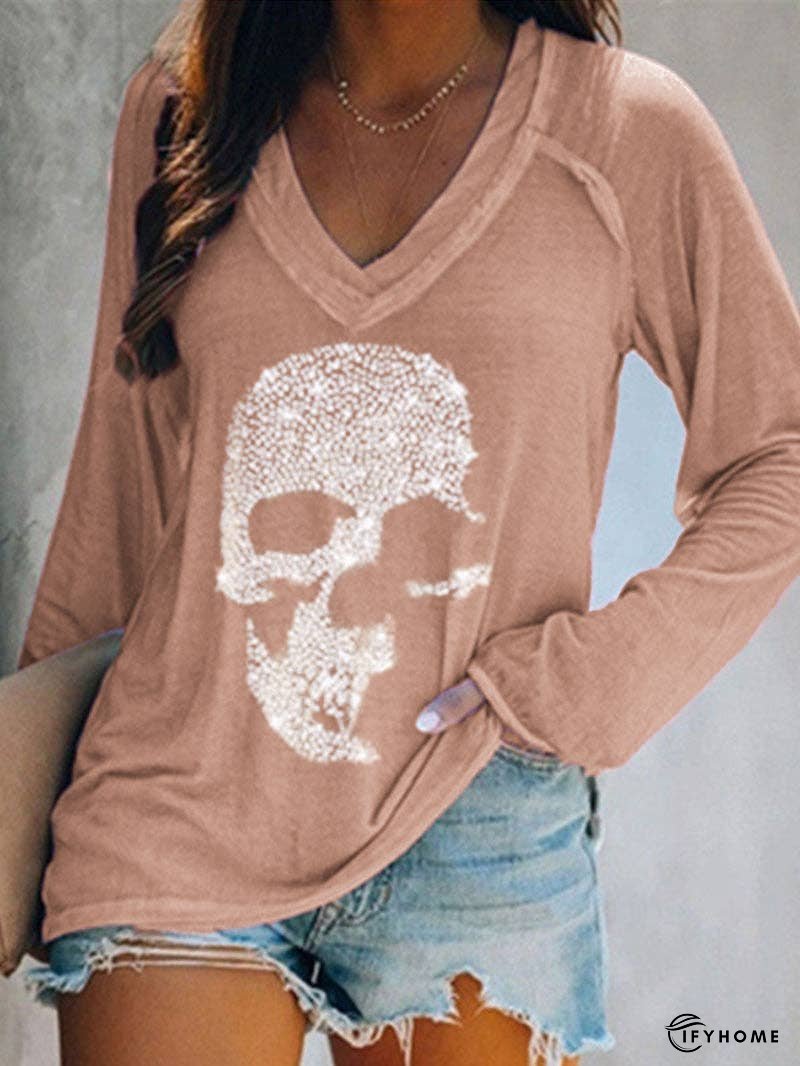 Skull Print Casual Long-sleeved V-neck T-shirt | IFYHOME