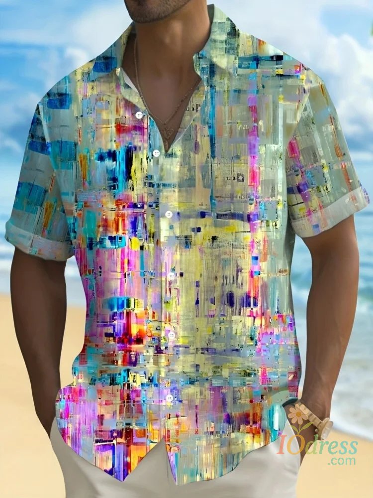 IO Menswear Men's Summer Casual Shirt Vibrant 3D Print Graffiti Art Short Sleeves Lapel Button-Up Top Stylish Streetwear Colorful Shirt Man