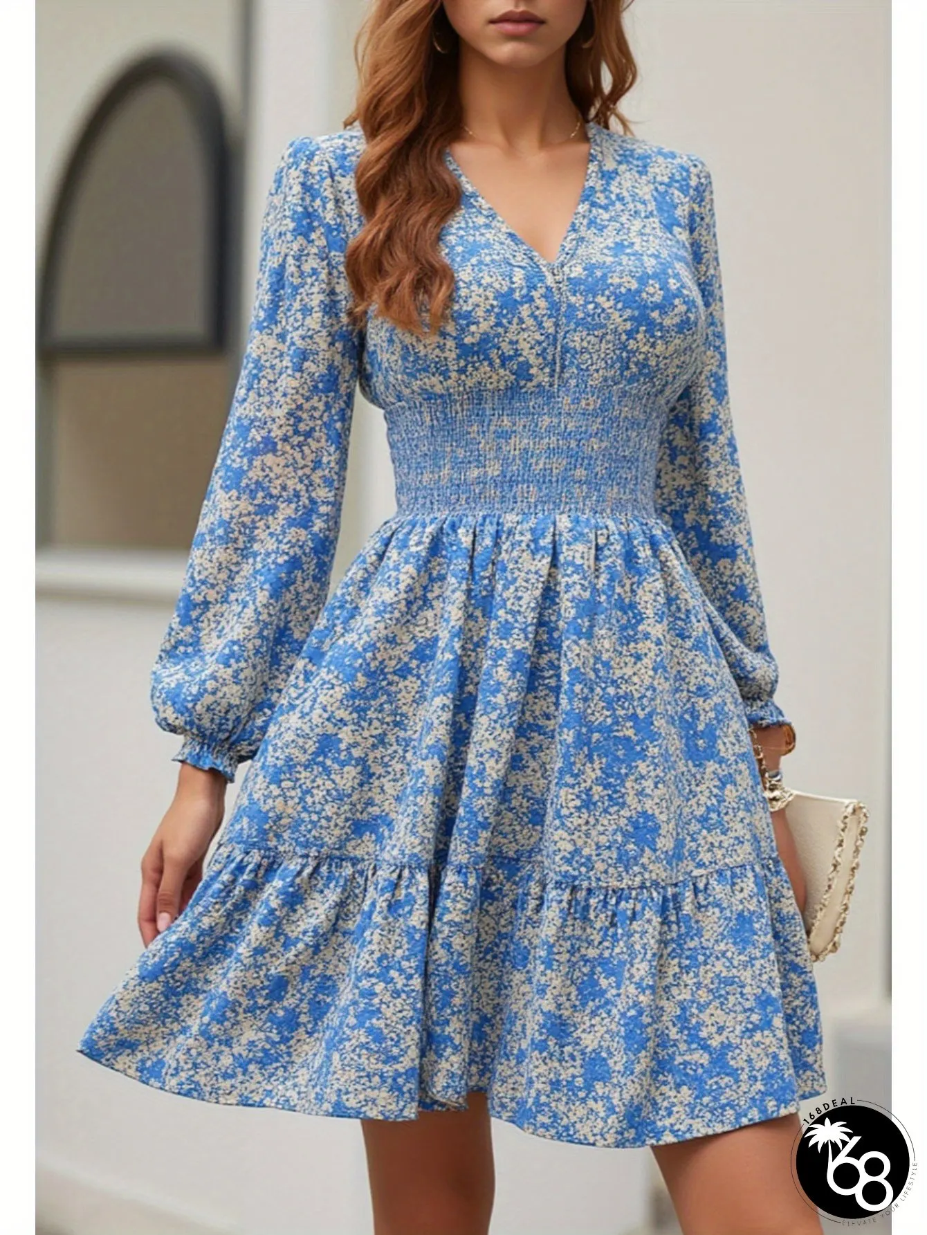 Womens Elegant V-Neck Blue floral print smocked waist ruffled hem a-line dress | 168DEAL