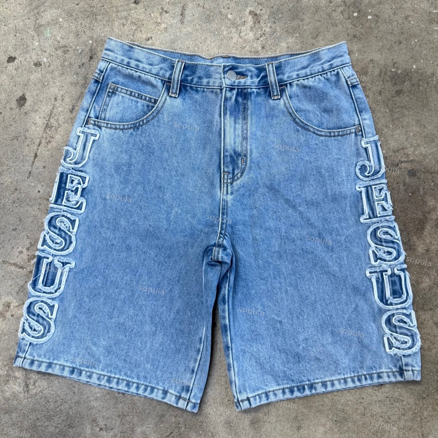 Vintage Jesus Embroidered Denim Shorts