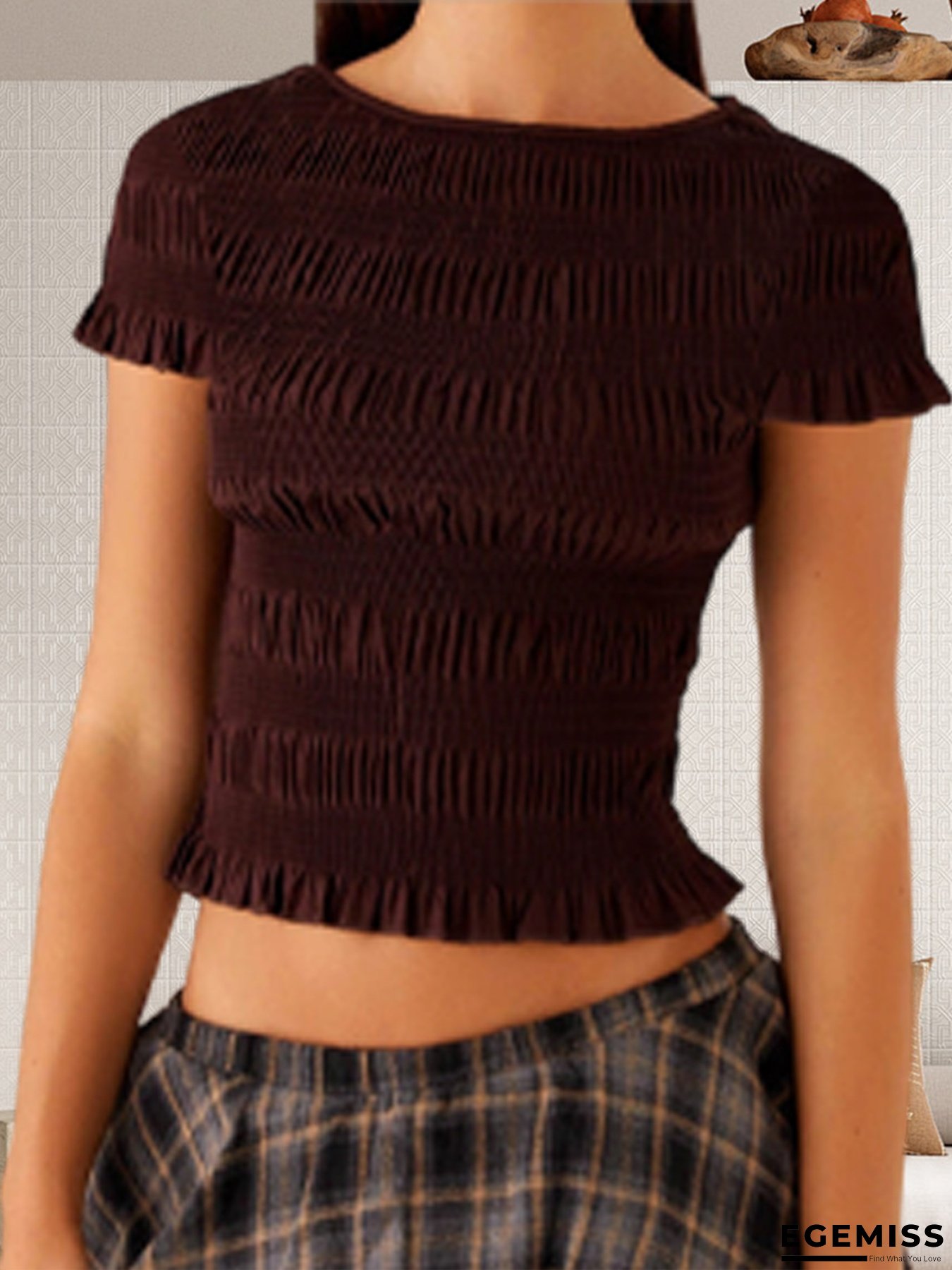 Women&lsquo;s Casual Summer Crop Top - Solid Color Ruffle Hem & Smocked Detail, Short Sleeve Basic Tee for Streetwear, Elegant & Comfortable Fit, Ladies T Shirts | EGEMISS