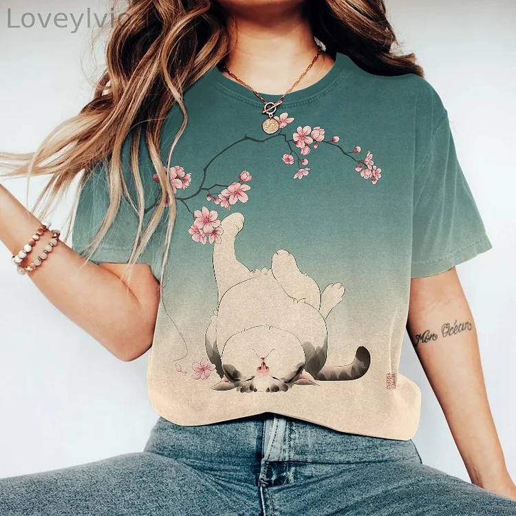 Cute Cat Print Short Sleeve T-Shirt