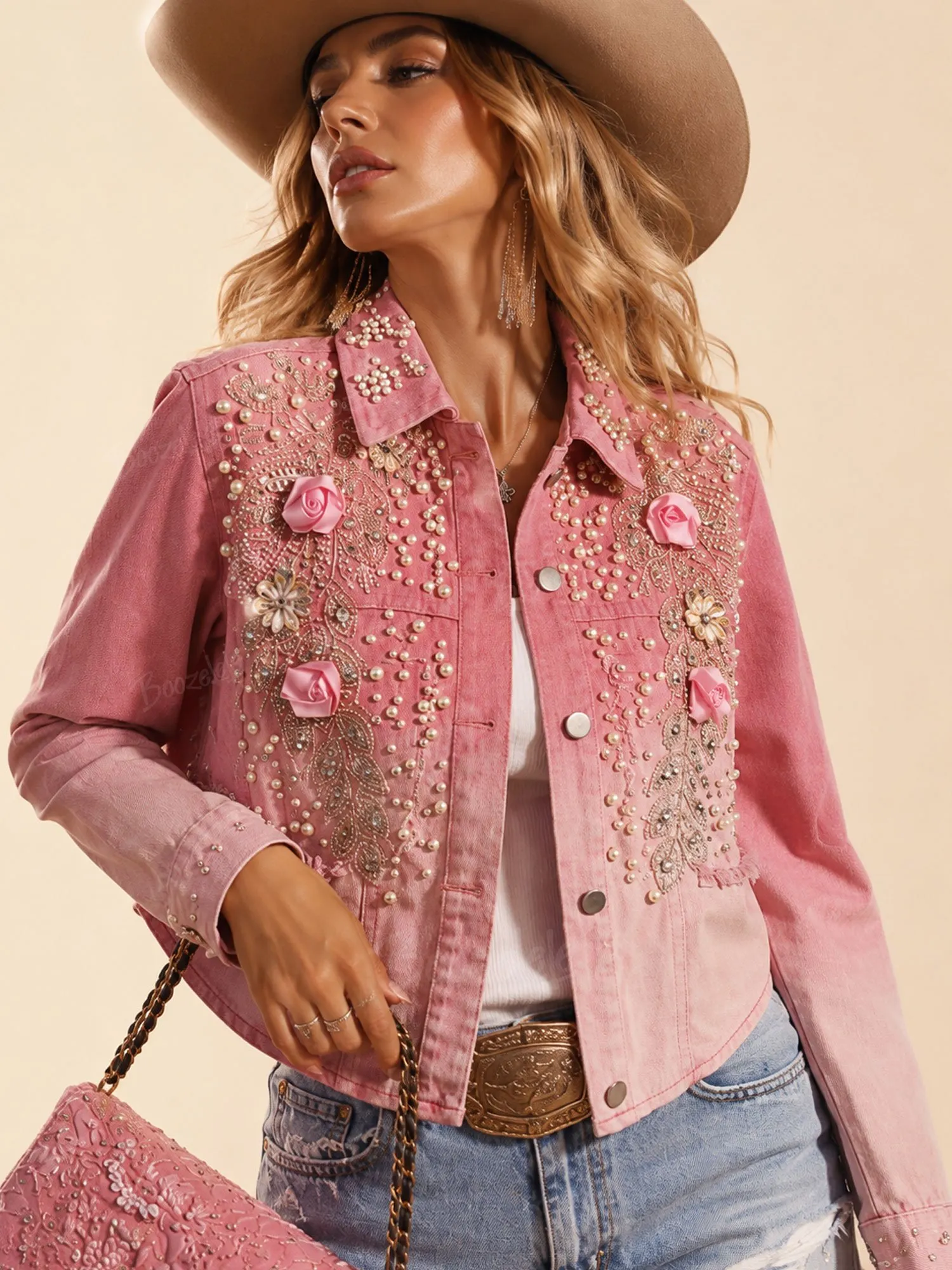 Perfect for Rodeo Competitions &mdash; Pink, 3D Pearl & Rose Embroidery, Premium Soft Denim, 2026 Spring/Autumn Women&rsquo;s Chic Jacket