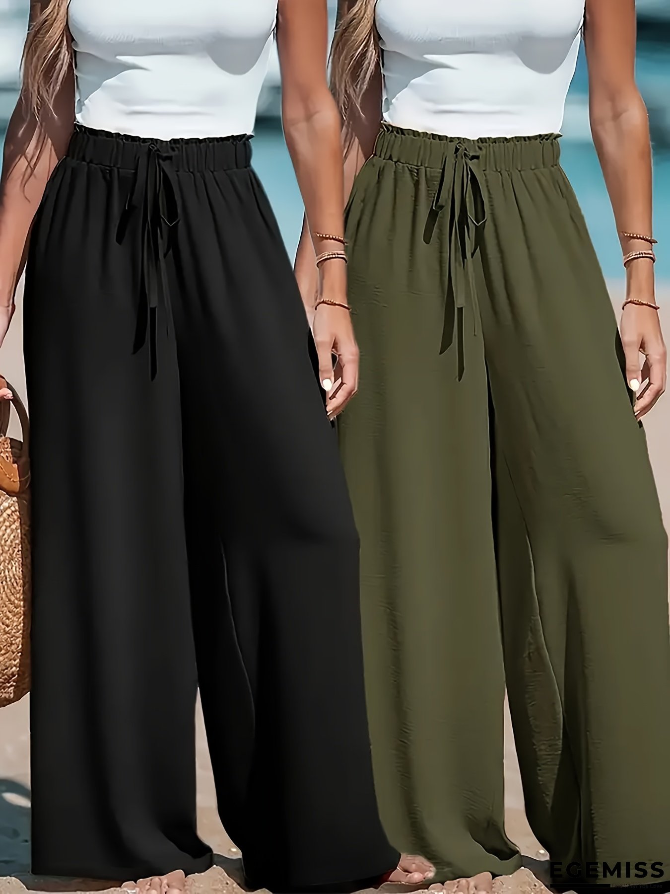 2pcs Women&lsquo;s High-Waist Wide-Leg Pants with Drawstring - Elegant Solid Color, Comfortable All-Season Casual & Sporty Trousers, Non-Stretch Fabric, Perfect for Adult, Casual Wear|Elegant Wideleg|Comfortable Fit | EGEMISS