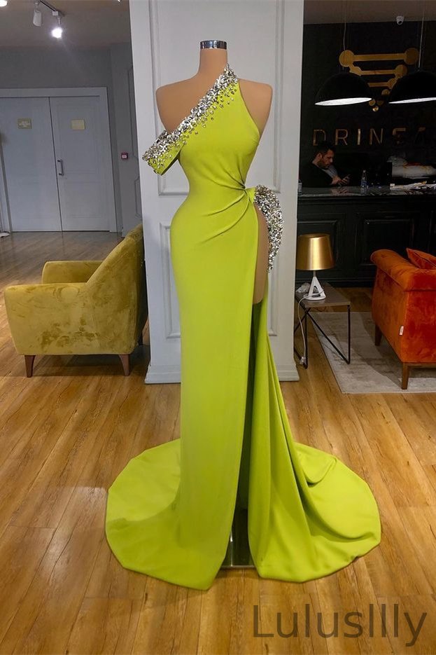 Beautiful Yellow Green Mermaid Long Evening Dress Slit With Beads - lulusllly