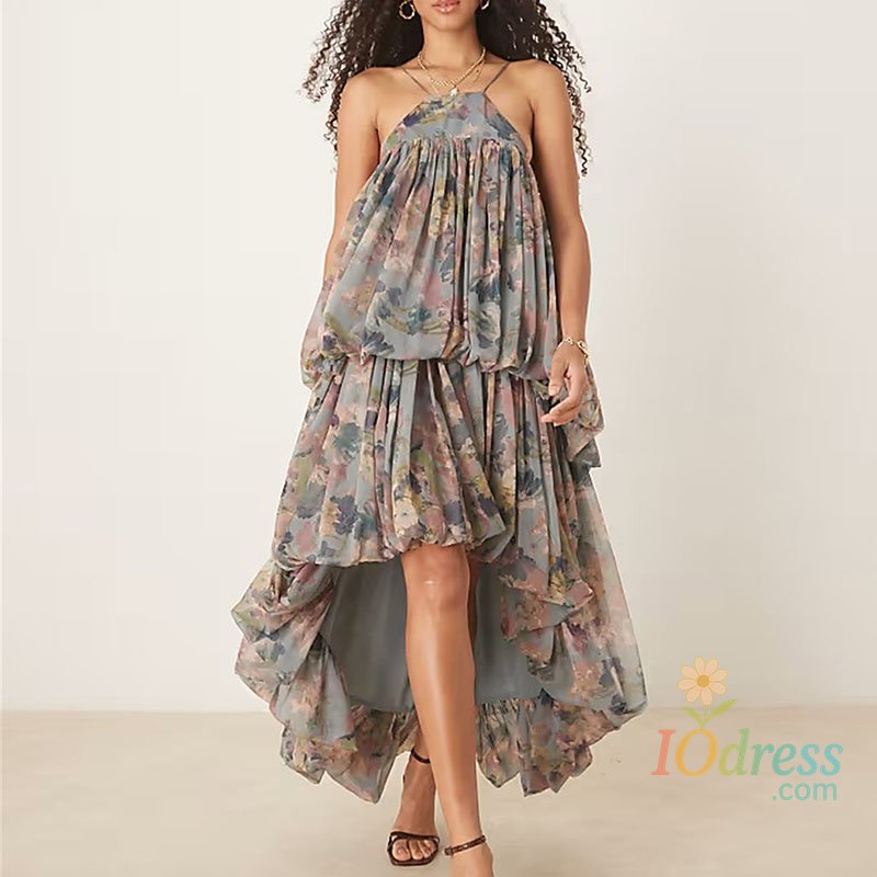 IO Dress Women Retro Floral Print Ruffles Irregular Dress Bohemian Sexy Halter Camisole Summer Dress Spring Backless Hollow Evening Dress