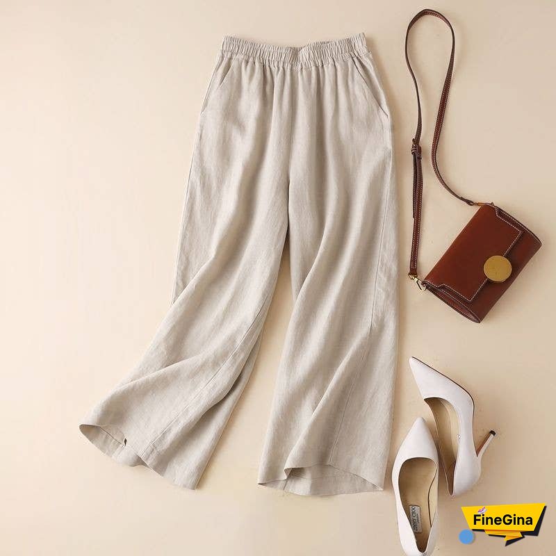 Cotton & Linen Wide-Leg, High-Waisted Straight-Leg & Cropped Casual Pants