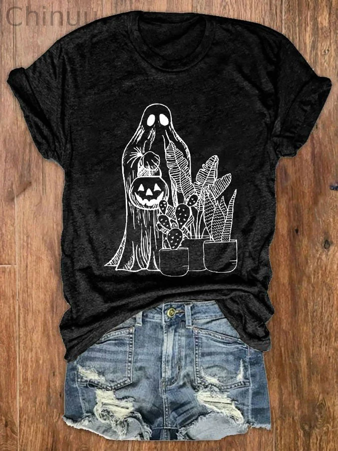 Women's Plant Lover Halloween Ghost Print Crew Neck T-Shirt
