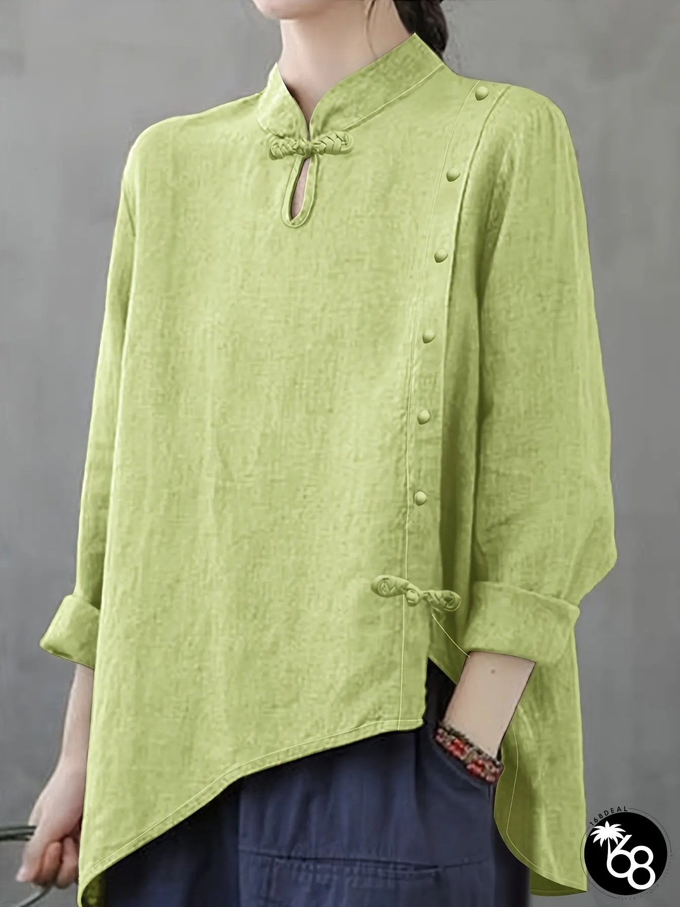 Elegant daily use Mandarin collar blouse with asymmetrical side buttons casual linen shirt | 168DEAL