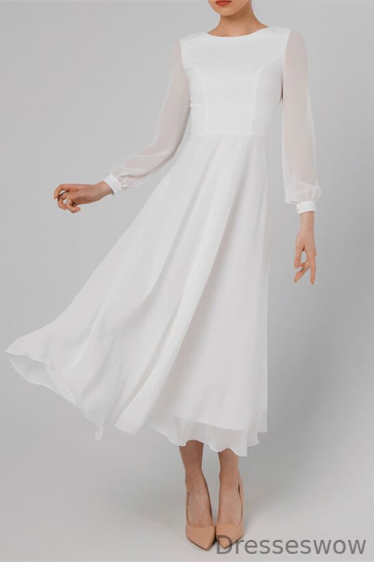 Dresseswow Long Sleeves Scoop Chiffon Wedding Reception Dress Tea-Length