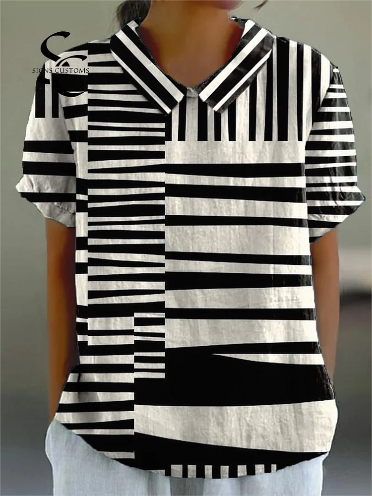Abstract Strip Pattern Printed Women's Casual Cotton And Linen Shirt