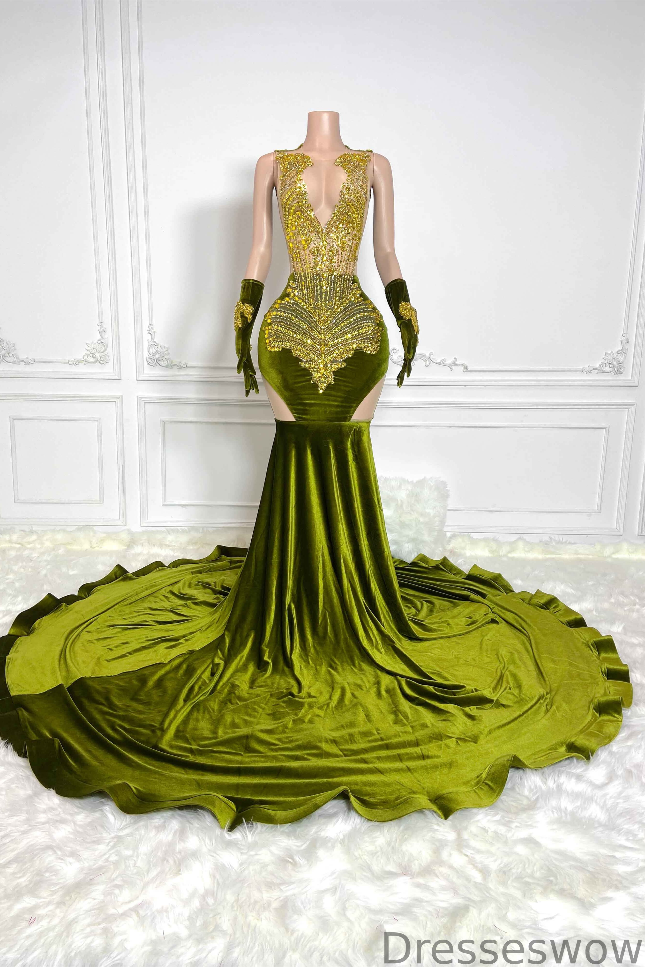 Dresseswow Olive Green Scoop Sleeveless Mermaid Formal Dresses With Beadings Long