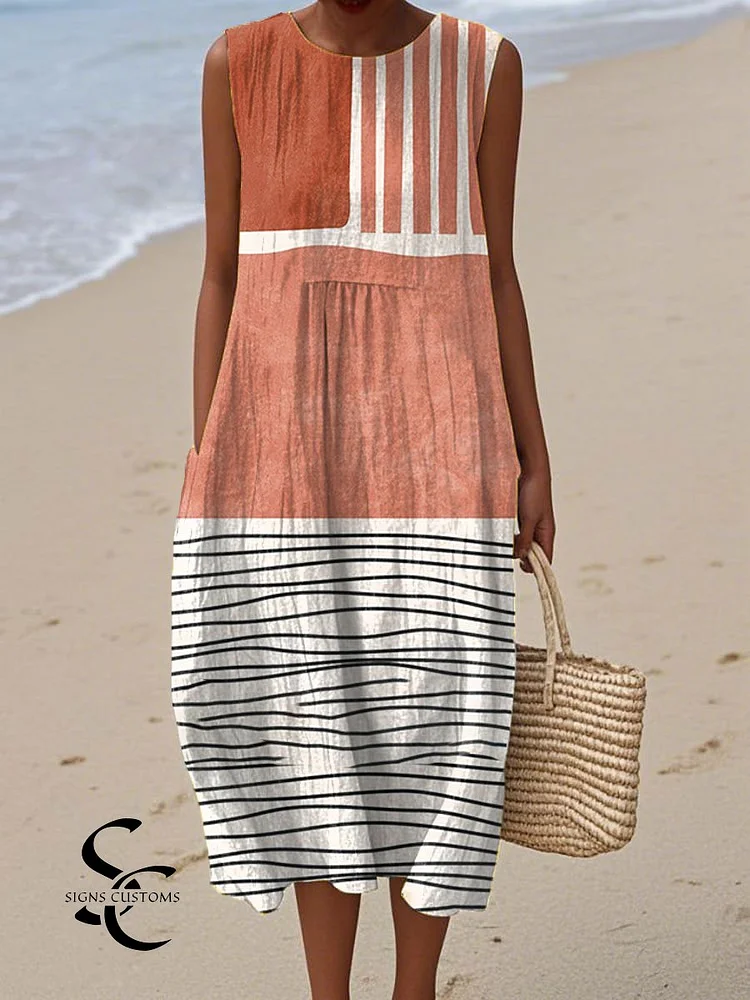 Women's Vintage Abstract Geometry  Art Print Sleeveless Cotton Pocket Wrap Dress