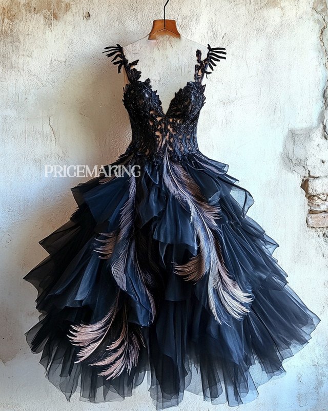 Summer fashion trendy feather theme print irregular multi-layer dress 7668