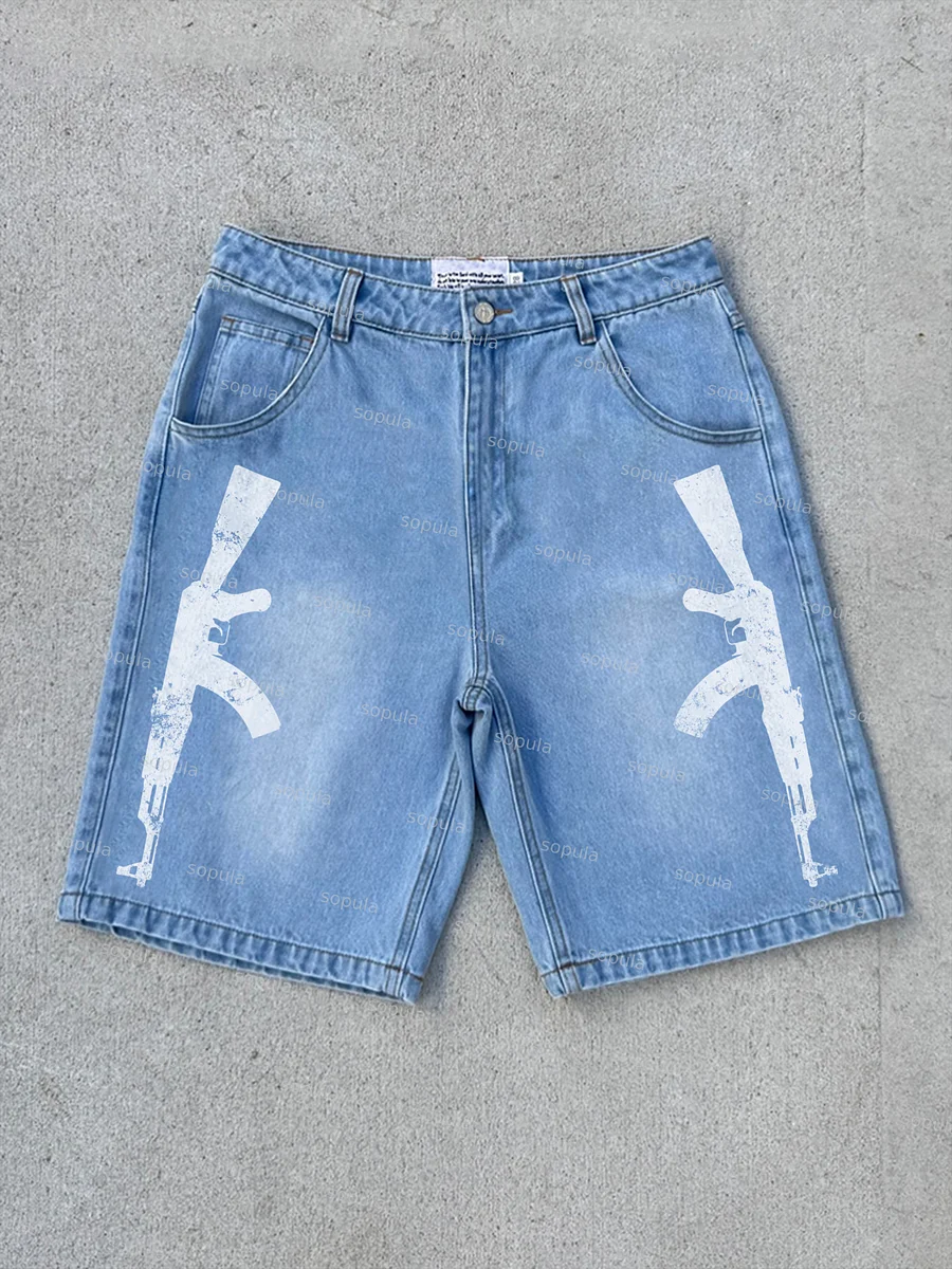 Doughboy Gun Silhouette Graphic Denim Shorts