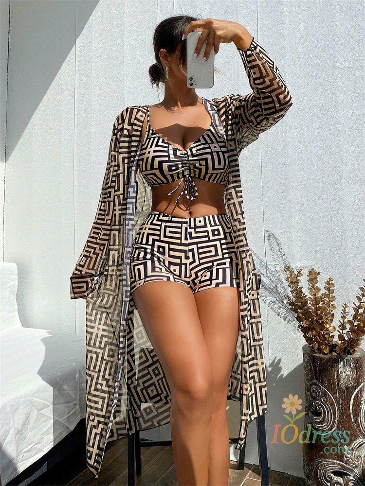 IO Dress Bikini Women Swimsuit 2025 New Lattice Sling Bikinis Set Sexy Boxer Shorts Swimwear Summer Long Sleeve Beach Bathing Suit Female