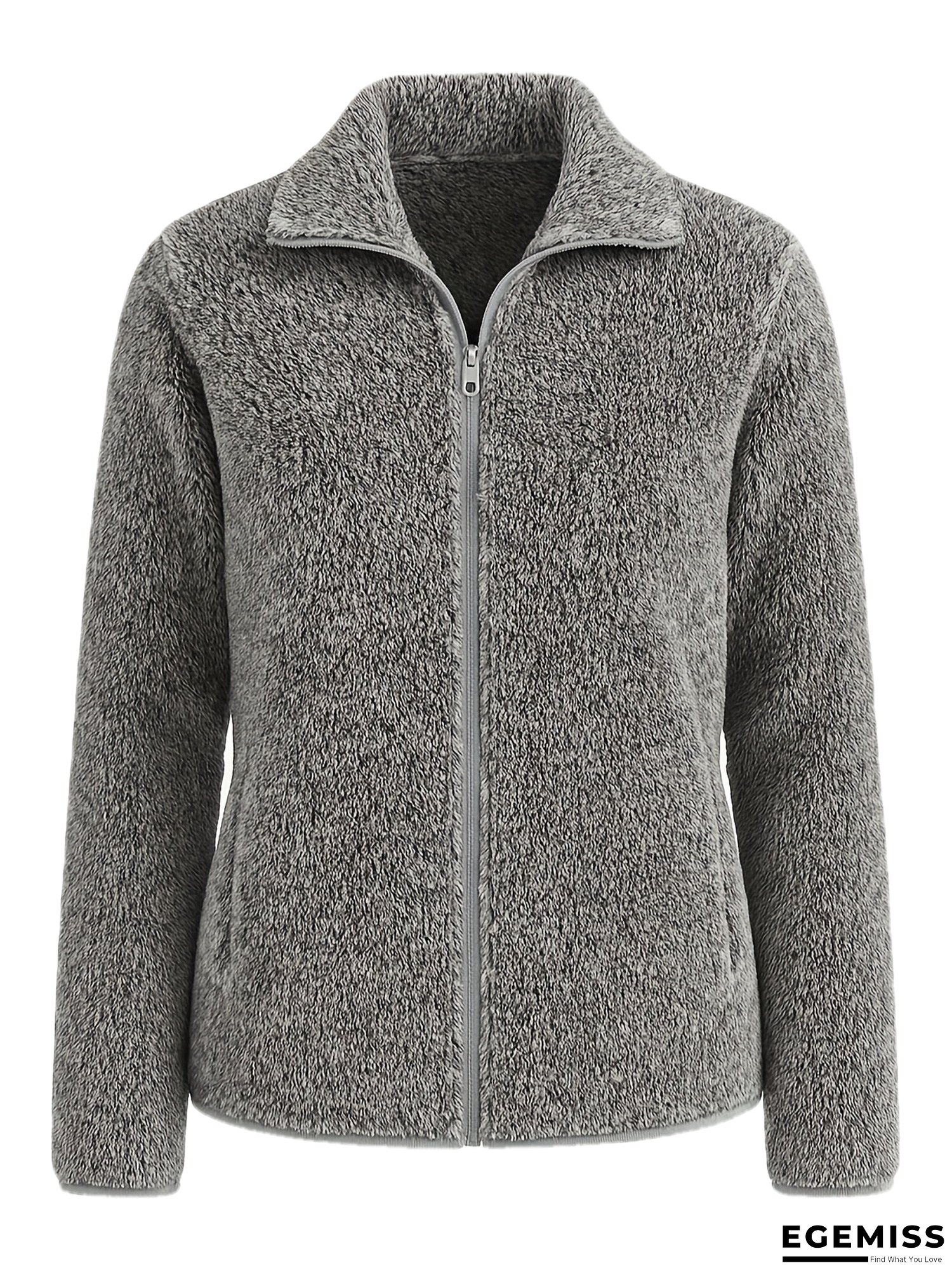Women's Long Plush Jacket - Full-Zip Closure Outerwear, Non-Stretchy Warm Coat for Winter, Machine Washable Cold Weather Jacket for Everyday & Formal Outfits, Casual Winter Wear, Hline Silhouette, Zipper Front Closure | EGEMISS
