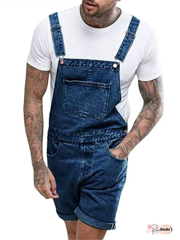 Men's Jeans Denim Shorts Overall Shorts Jean Shorts Denim Jumpsuit Pocket Plain Comfort Wearable Short Casual Daily Holiday Denim Streetwear Stylish Deep Blue Light Blue