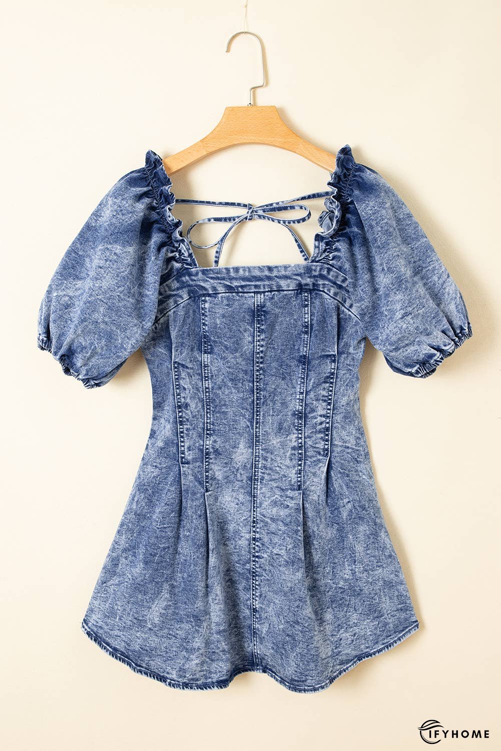 Frilly Square Neck Bustier Puff Sleeve Denim Dress | IFYHOME