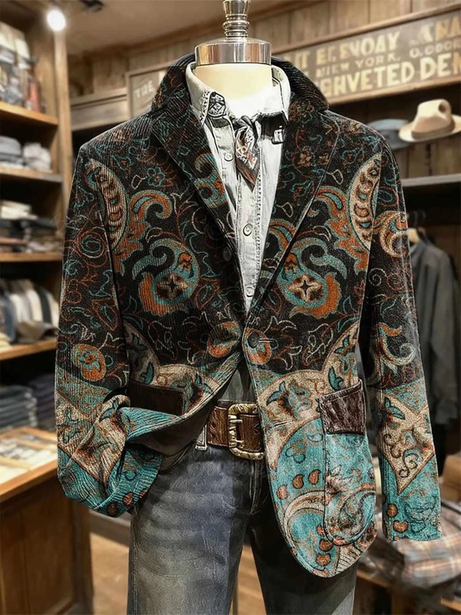 Men's Retro Western Style Art Pattern Print  Corduroy Jacket