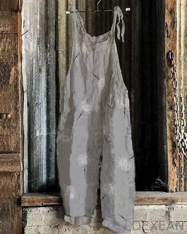Vintage Dandelion Art Print Casual Loose Jumpsuit