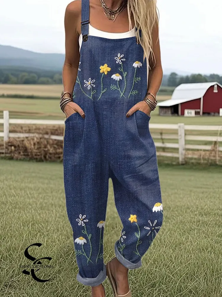Women's  Floral  Art Print Casual 100% Cotton Wide Leg Jumpsuit