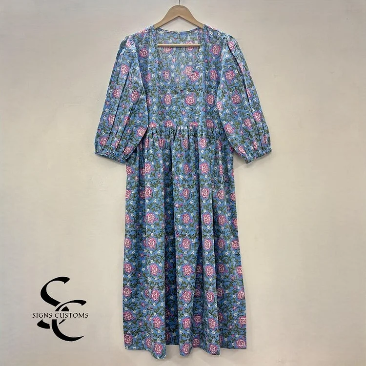 Floral Block Print Soft Cotton Woman Midi Dress &ndash; Summer Tunic for Women with String Closure