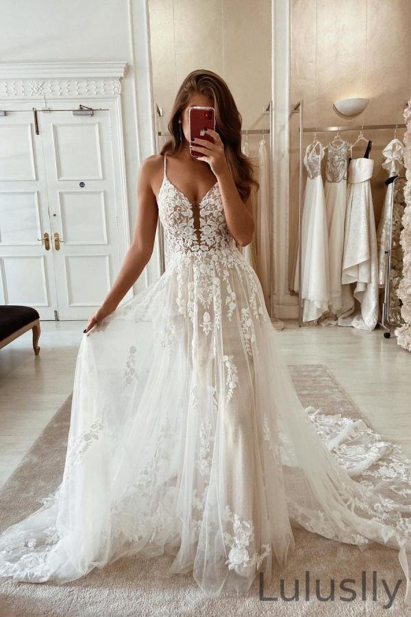 Luluslly Glamorous Spaghetti-Straps V-Neck Backless Train Wedding Dress Lace Appliques