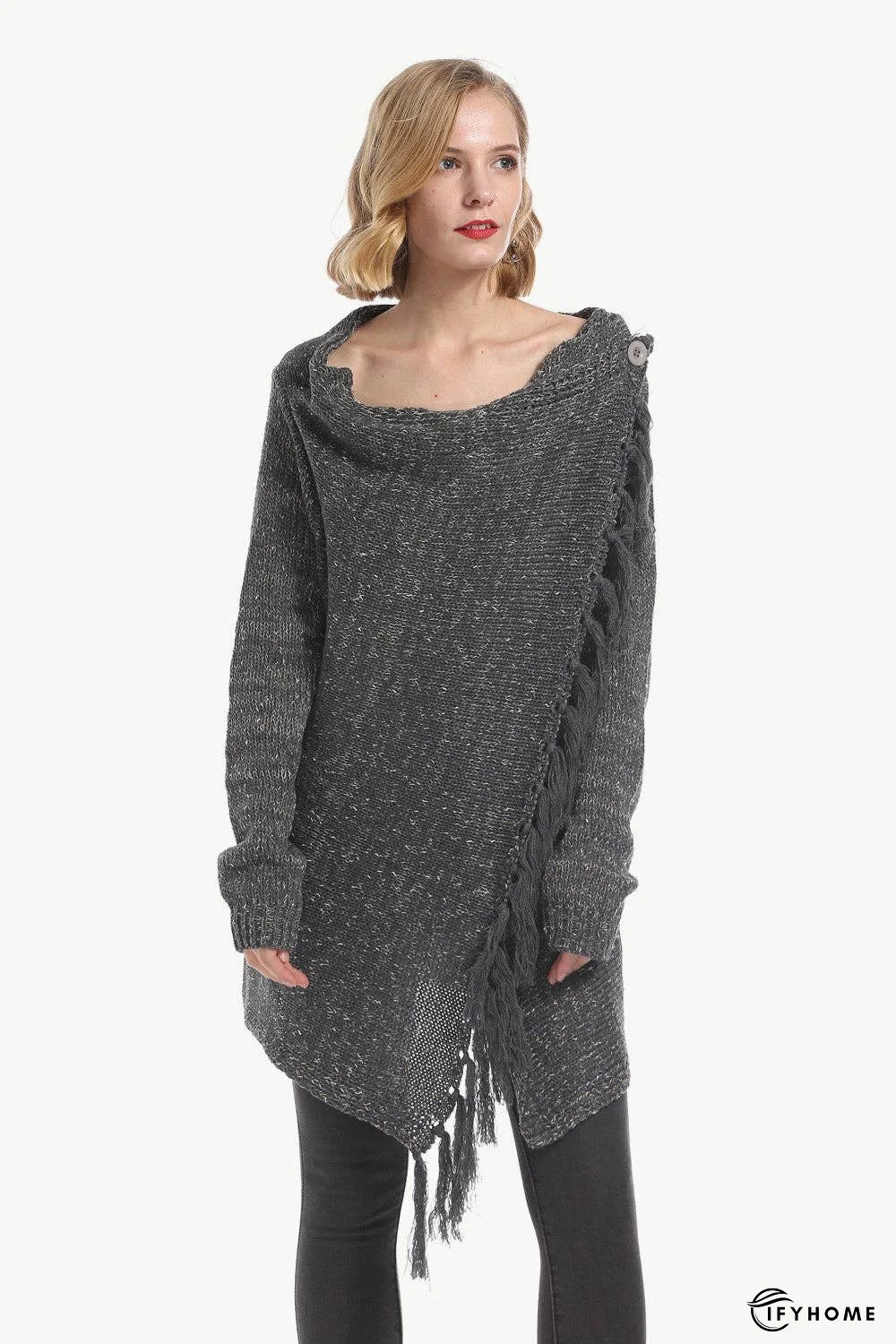 One-Button Tassel Tie Asymmetrical Hem Cardigan | IFYHOME