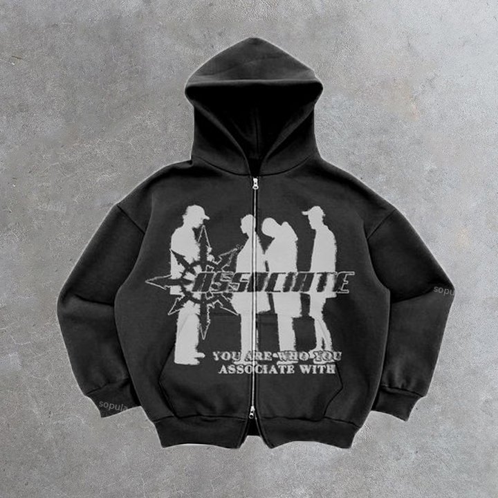 Vintage Associate Shadow Graphic Street Hip Hop Zip Up Hoodie