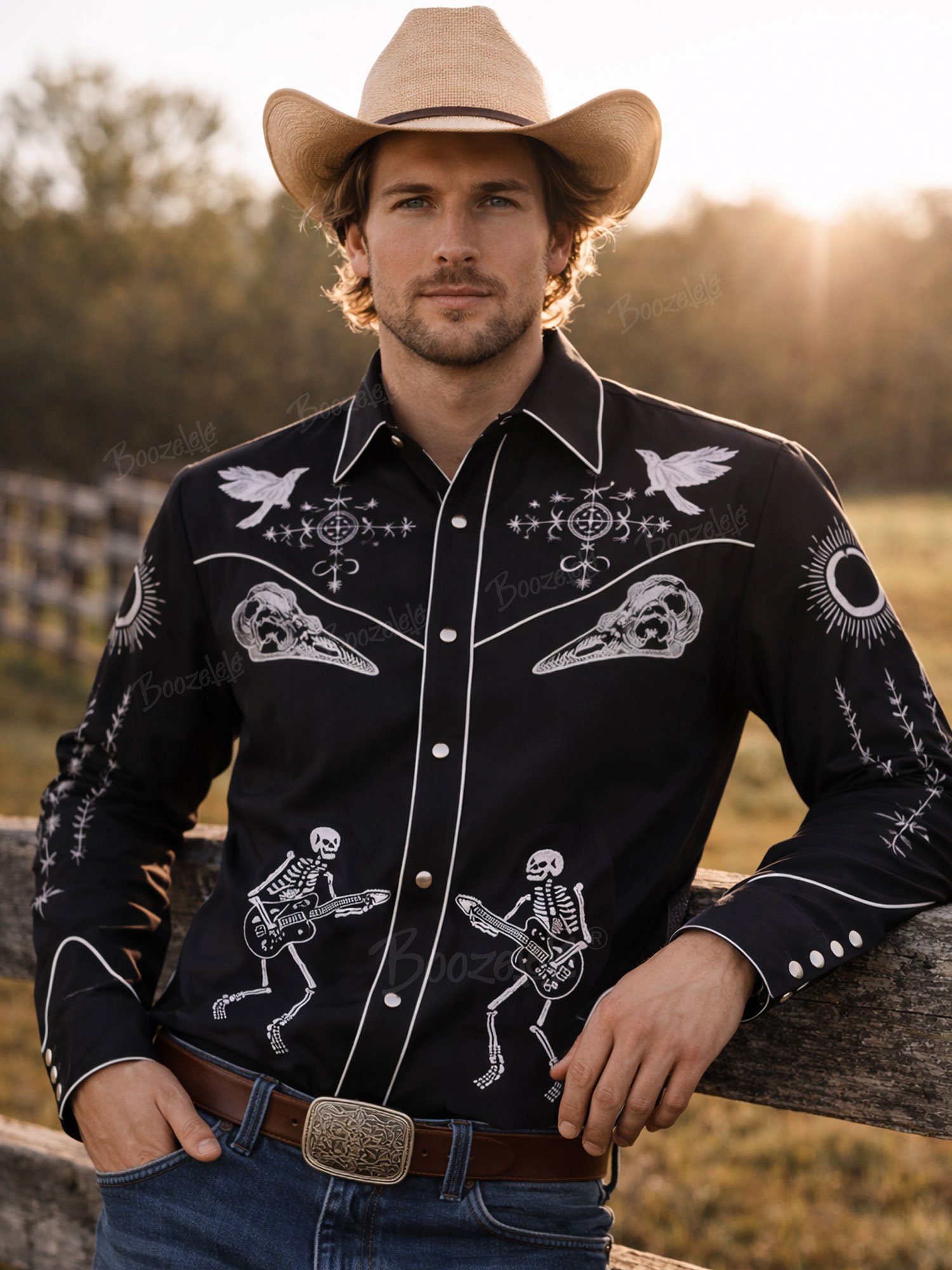 Men'S Cowboy Vintage Crow Bone Pattern - Denim Long Sleeves Shirt
