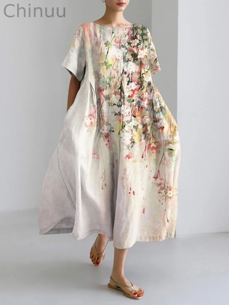 Spring Watercolor Floral Print Linen Maxi Dress