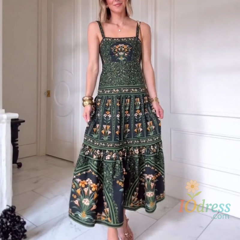 IO Dress Summer Dresses 2025 Woman Pattern Print A-Line Pleated Dress Spring Square Collar Straps Long Dress Sexy Backless Zip Boho Dress IO Dress