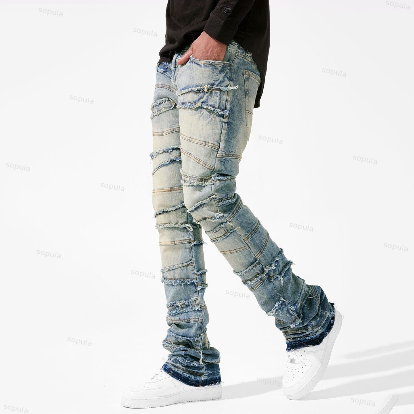 Men's Street Stretch Patch Denim Straight Pants