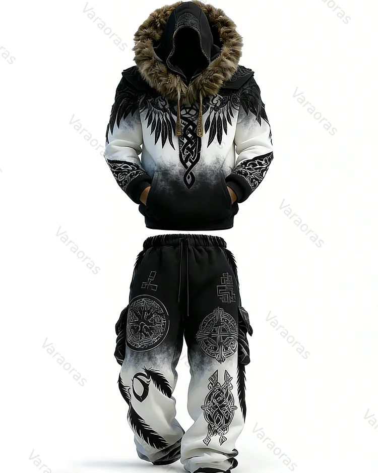 Men's Winter Warmth Gradient Faux Fur Hoodie and Pants Two-Piece Set 9139