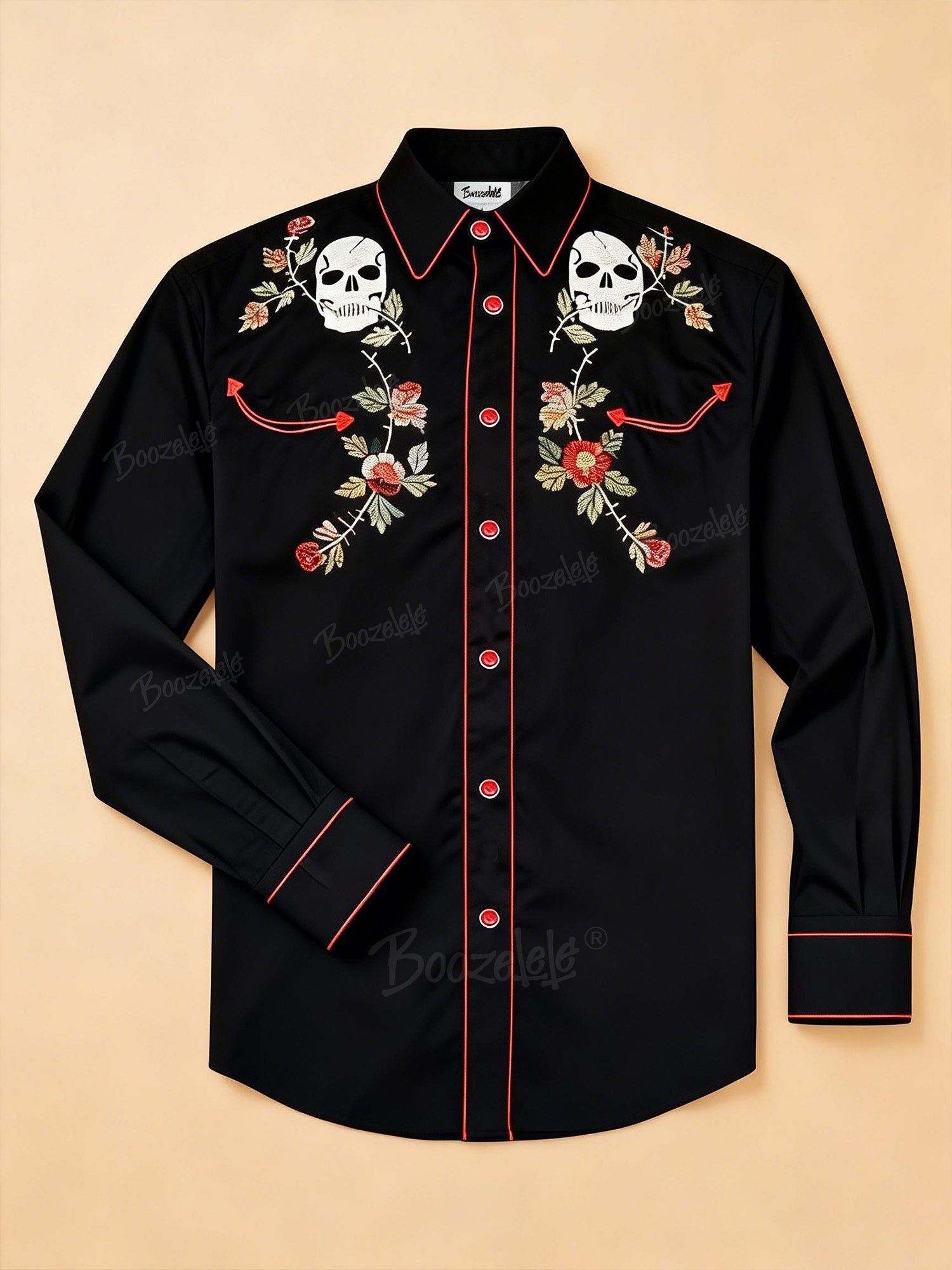 Men'S Vintage Western Skull And Rose Embroidered Long-Sleeve Shirt - 100% Cotton