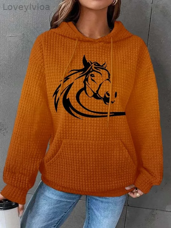 Fashion Casual Western Style Waffle Print Women'S Hoodie