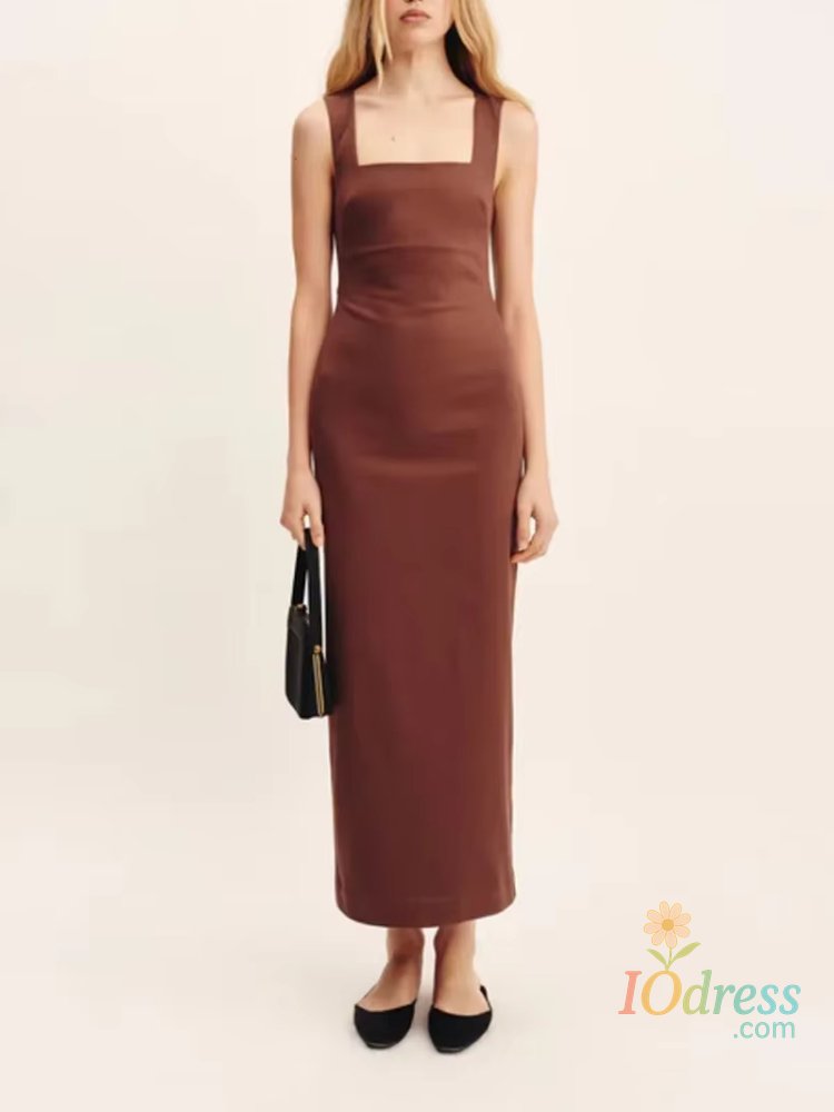 IO Dress Solid Color Cotton Linen Square Neck Wide Straps Dress Fashion Slim Fit Back Split Long Dress Summer New Women's Clothing