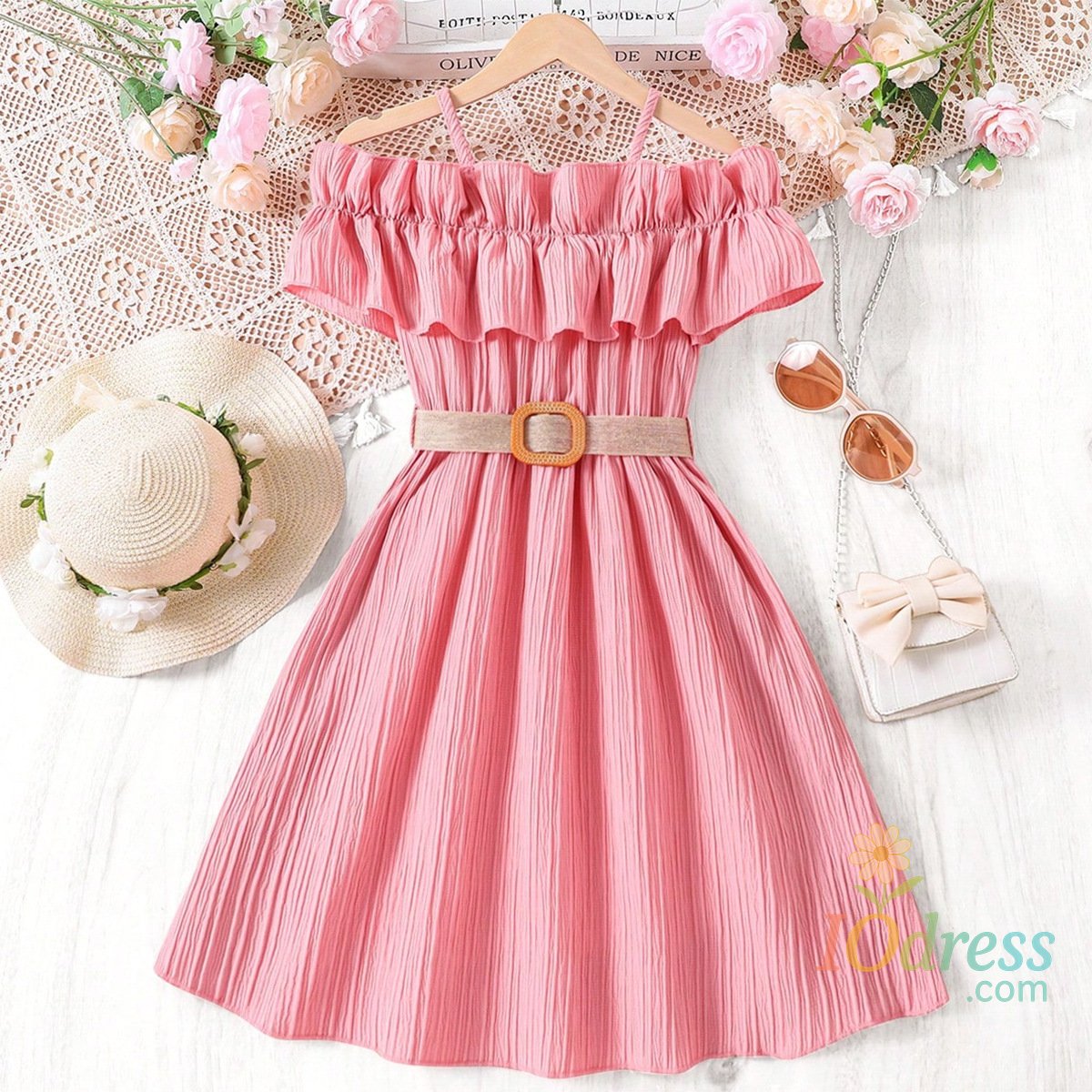 IO Dress Girls Casual Dresses One-line Shoulder Strap Patchwork Lace Dress Kids Clothes Girls 8 To 12 Years Princess Dress for Girls IO Dress