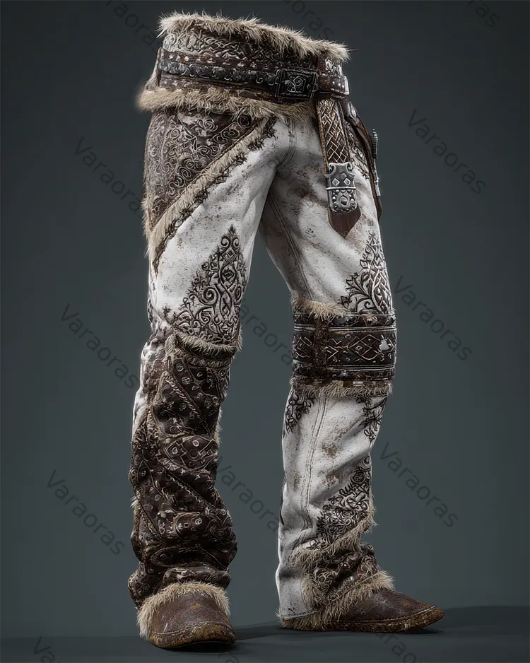 Men's winter Nordic Viking style embroidered fashionable warm leather pants 2691