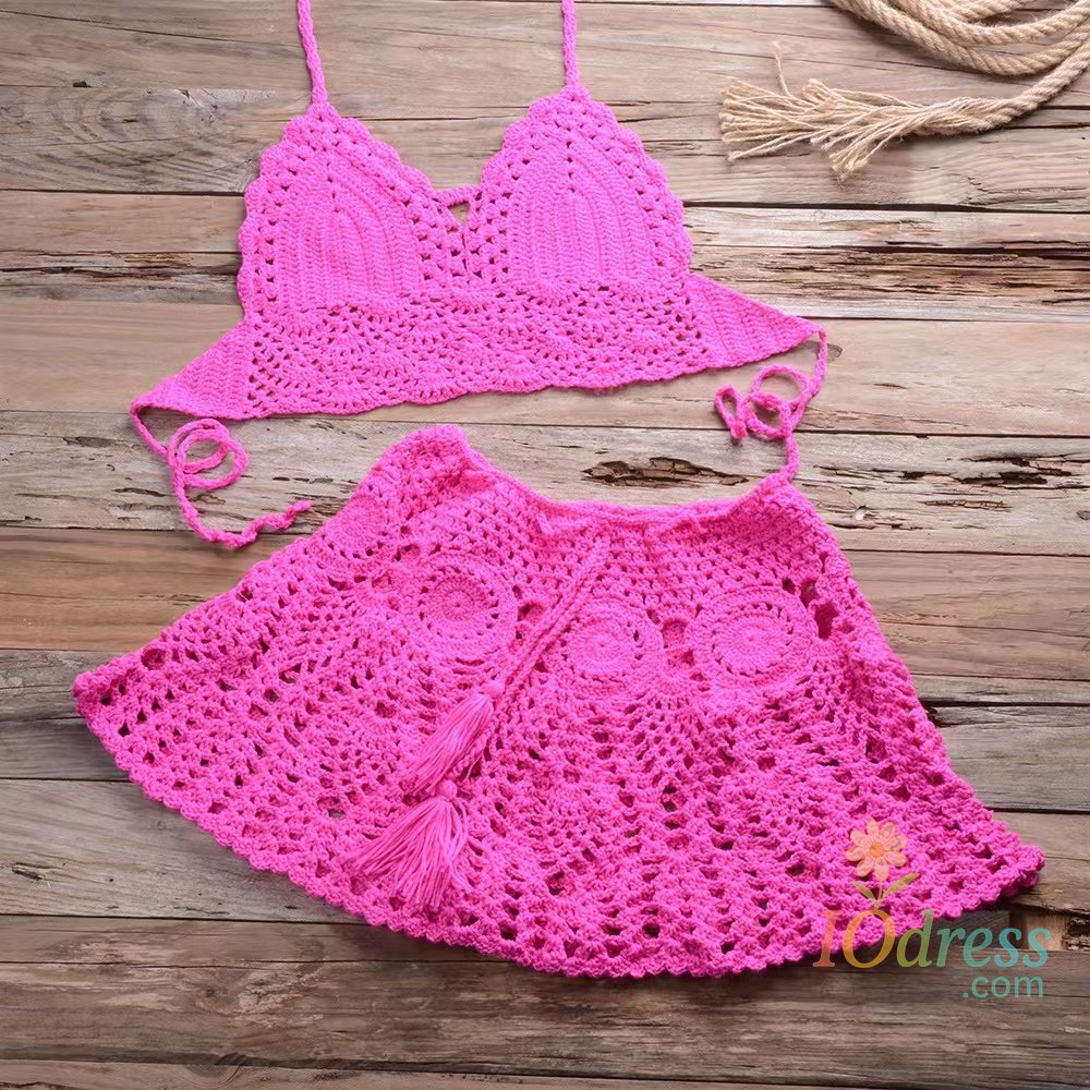 IO Dress CROCHET BIKINI Two-piece Crochet Women Bikini Set Cover Up Swimsuit Swim Skirt Swimwear Bathing Swimdress Beachwear